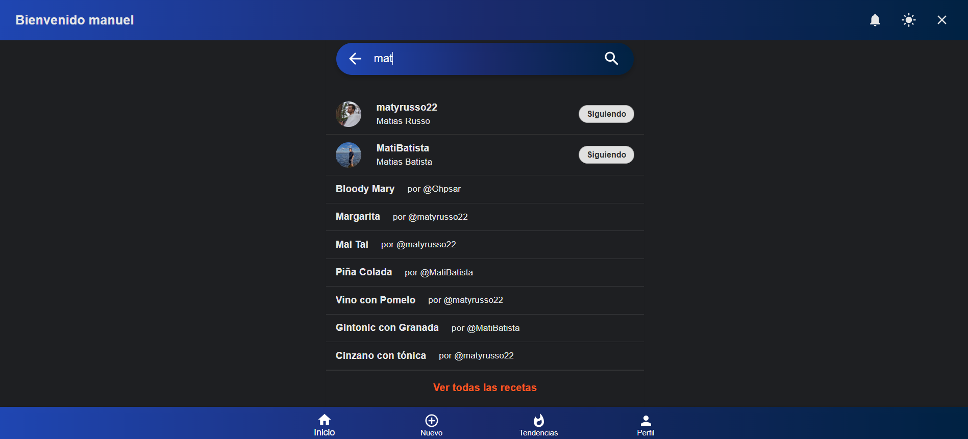 Captura de pantalla de la sección de búsqueda