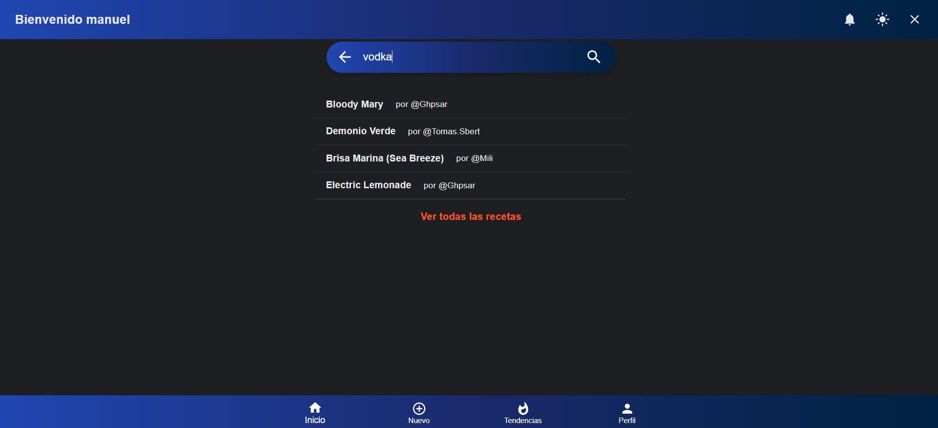 Captura de pantalla de la sección de búsqueda