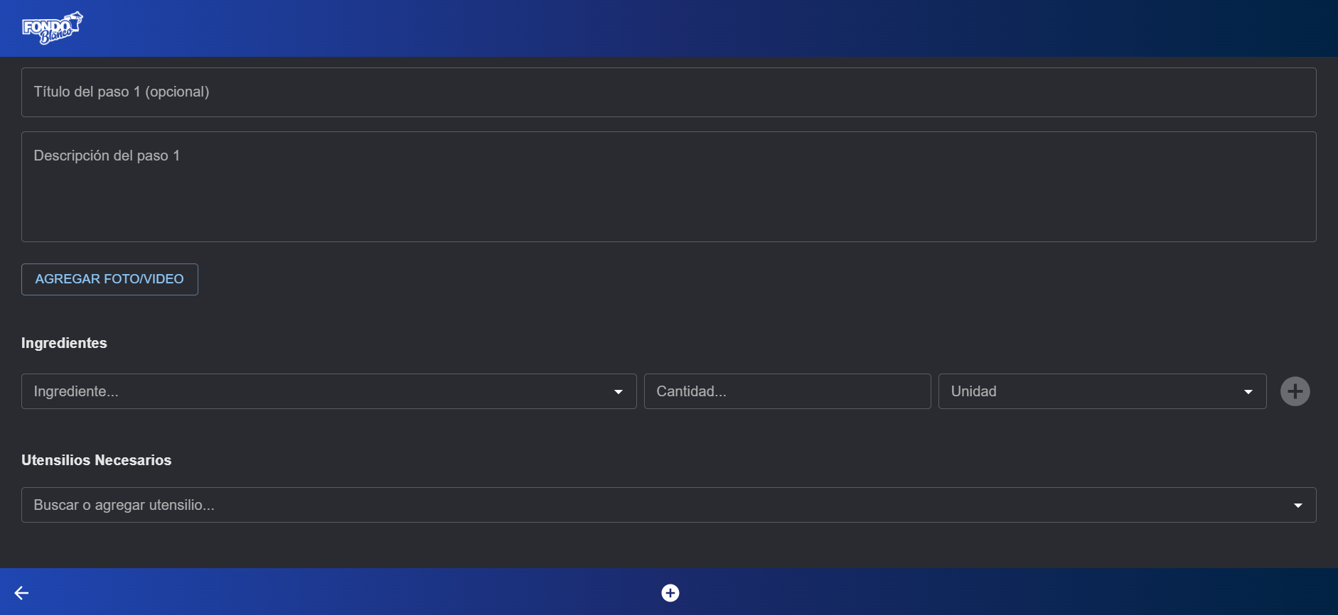 Captura de pantalla de la sección para cargar una receta