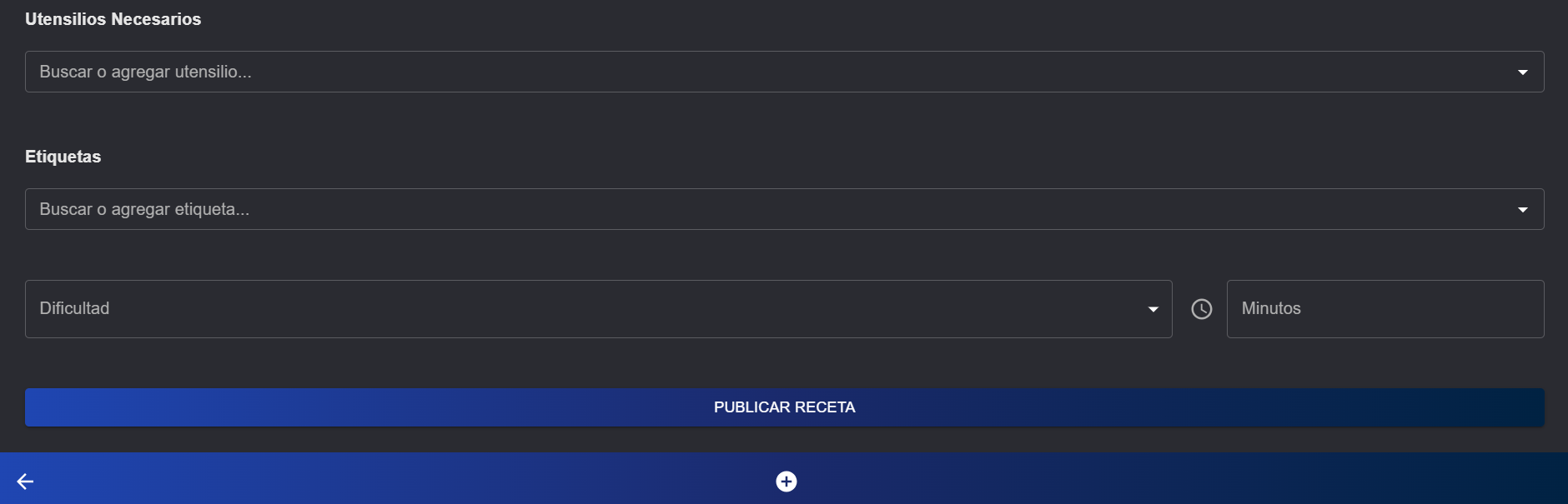 Captura de pantalla de la sección para cargar una receta
