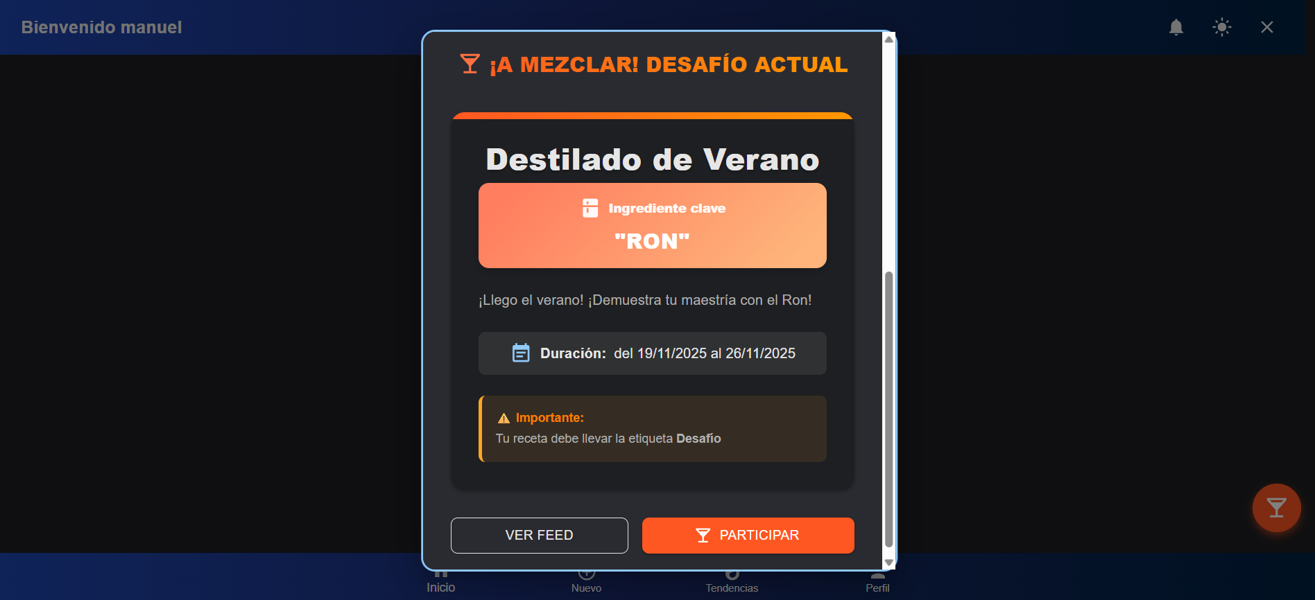 Captura de pantalla de la sección de desfío