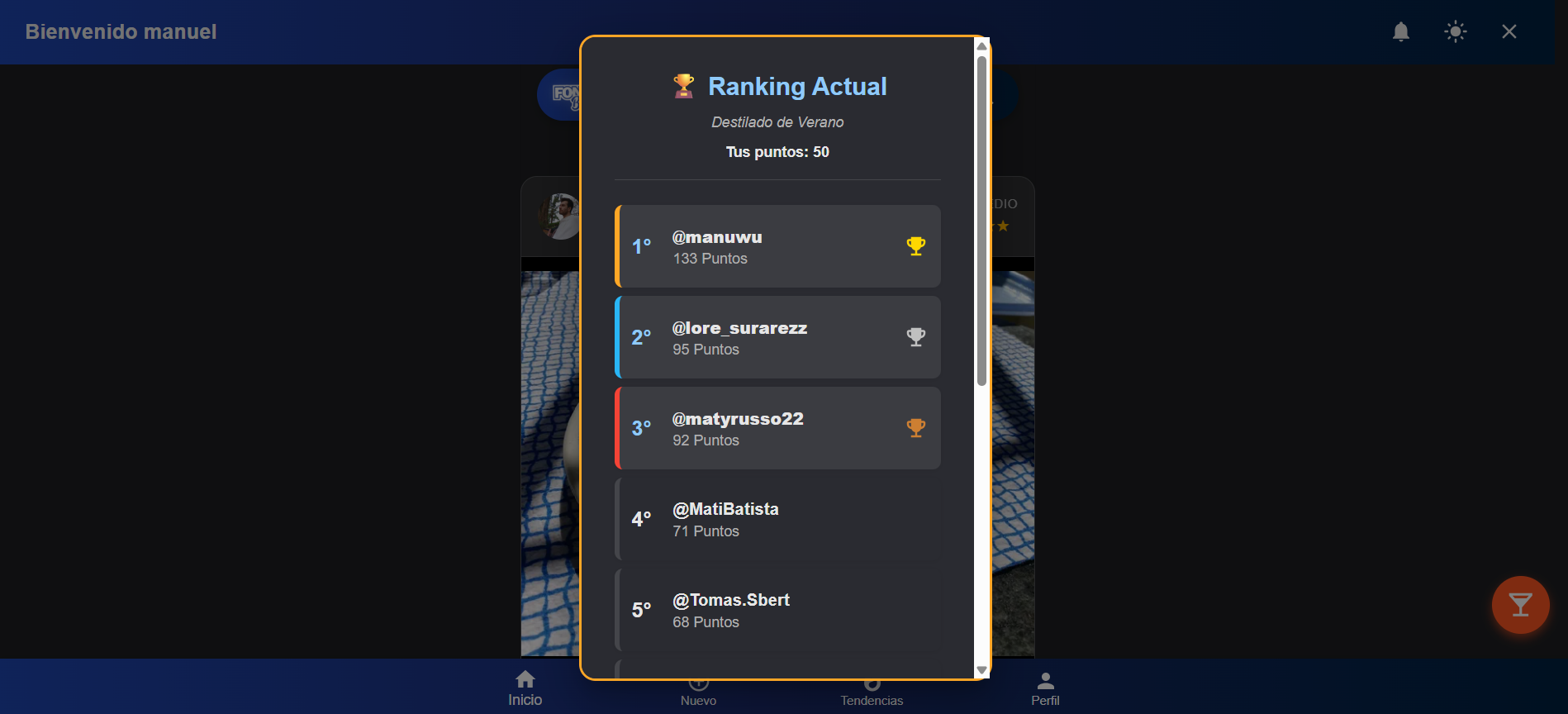 Captura de pantalla de la sección de desfío