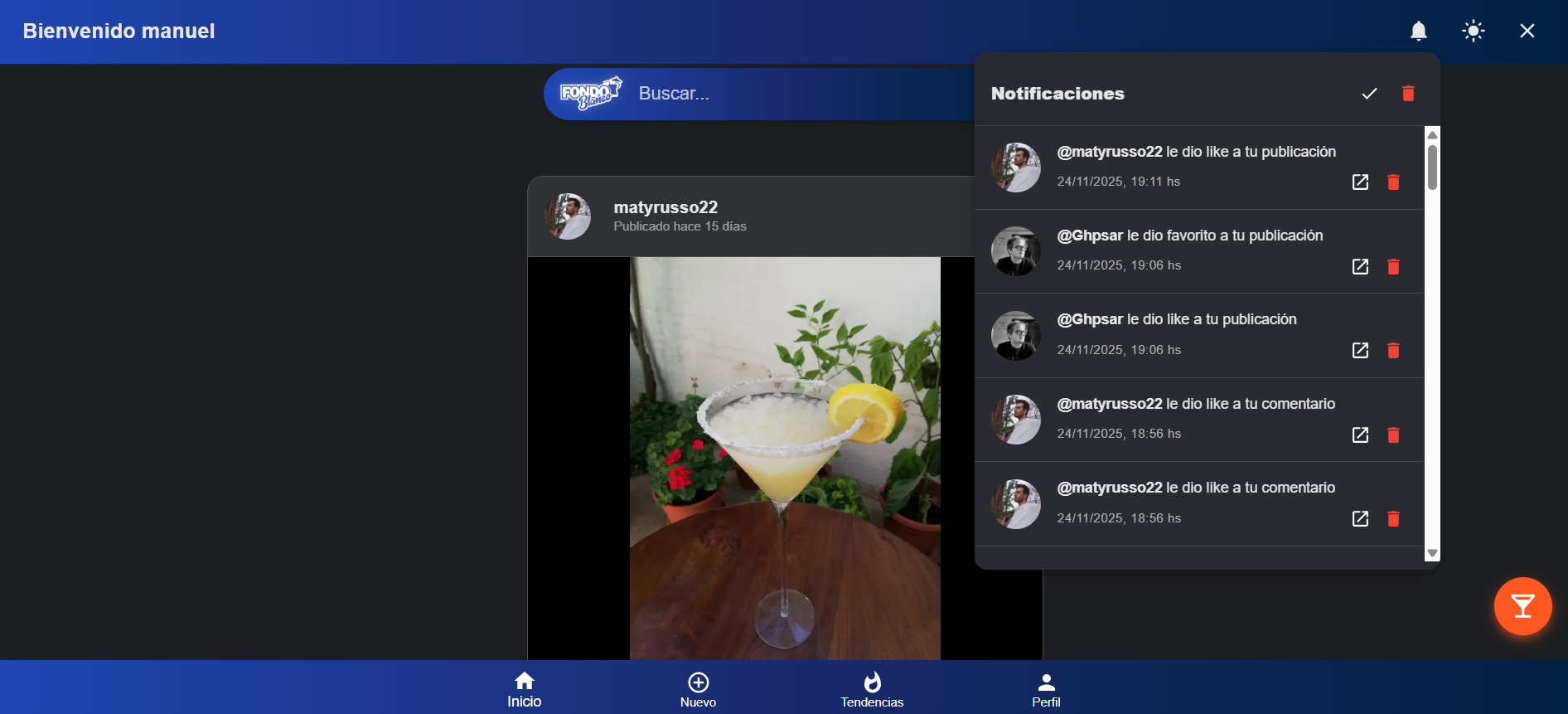 Captura de pantalla de la sección de notificaciones