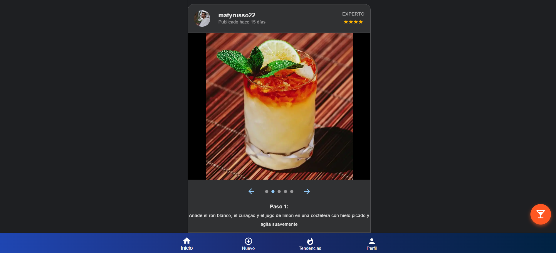 Captura de pantalla de la sección para cargar una receta