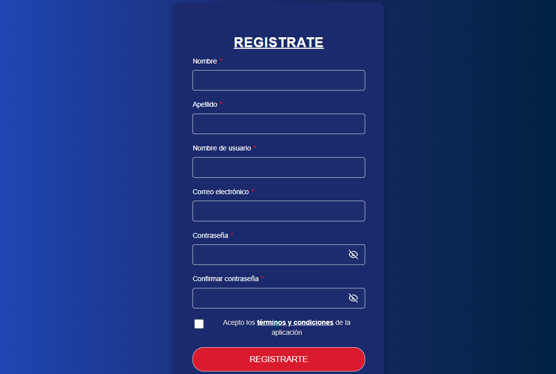 Captura de pantalla de la interfaz de registrarse.