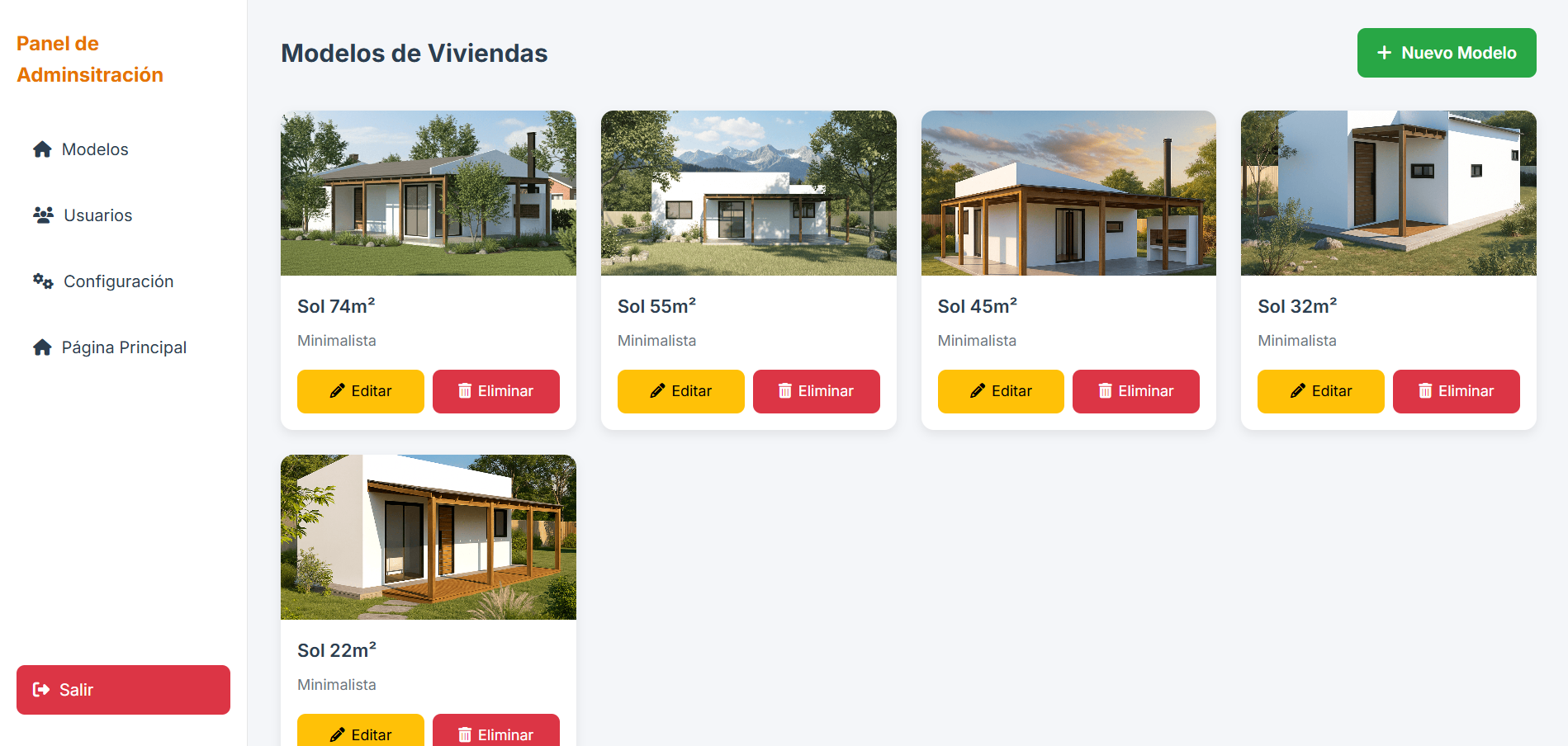 Captura de pantalla de la sección home de administración