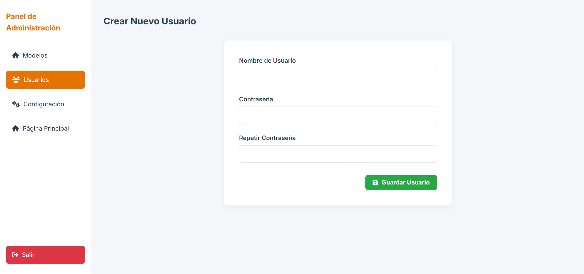 Captura de pantalla de la sección de creacion de nuevo usaurio