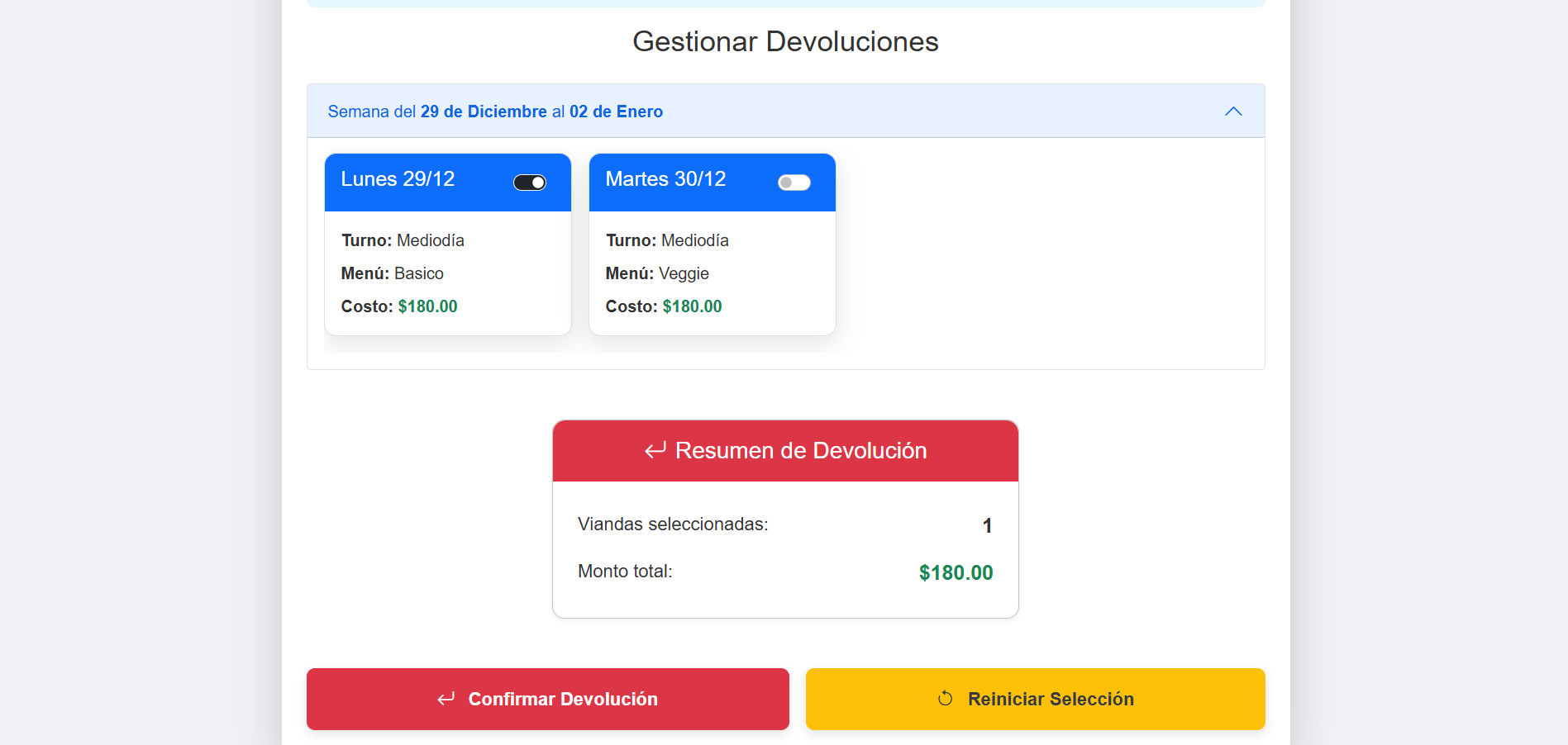 Captura de pantalla de la gestion de devoluciones.