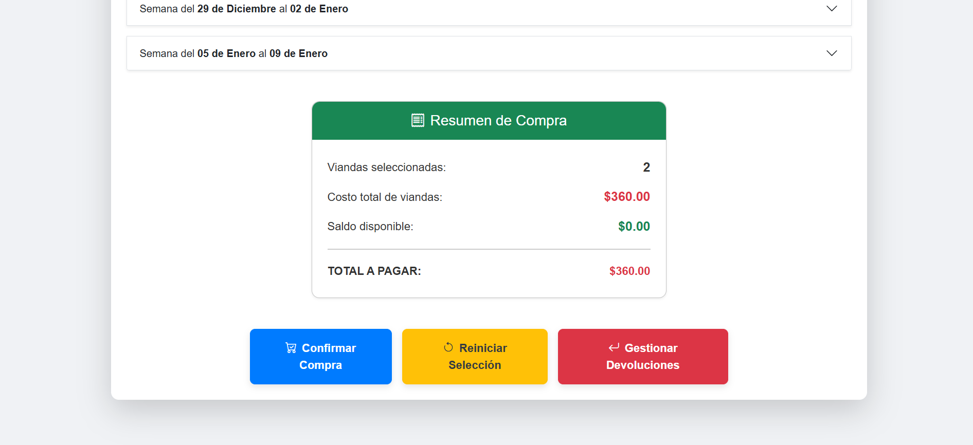 Captura de pantalla del home del usuario.
