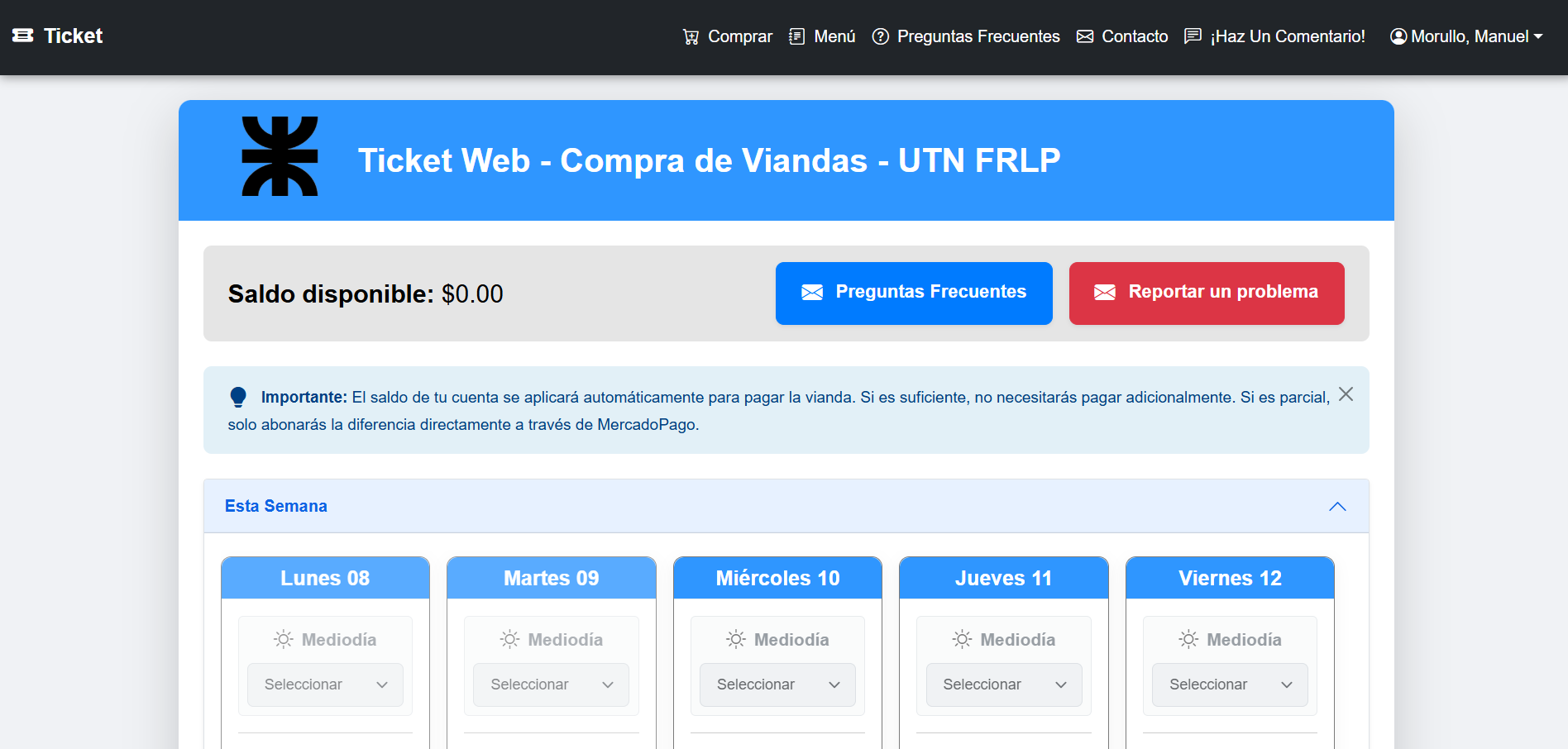 Captura de pantalla del home del usuario.