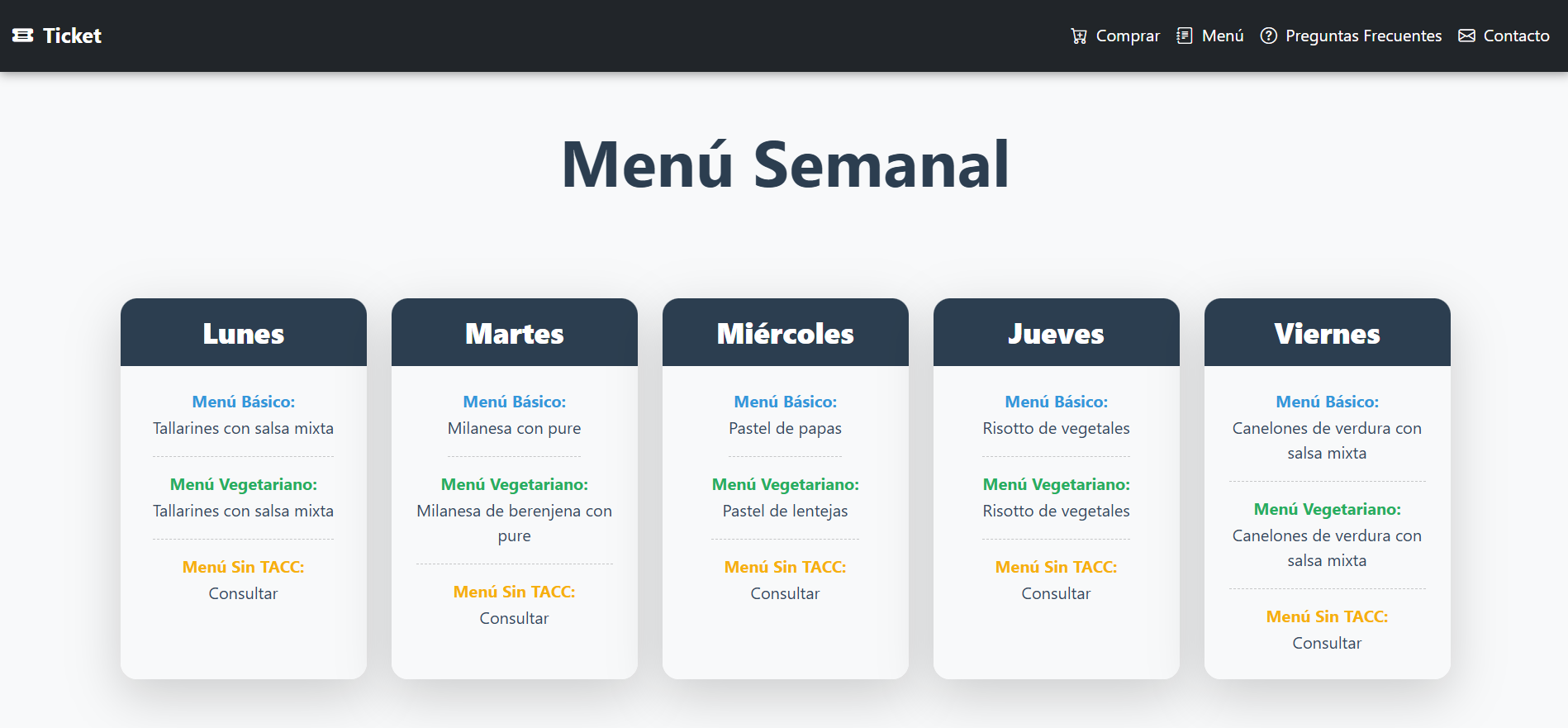 Captura de pantalla del menú de viandas.