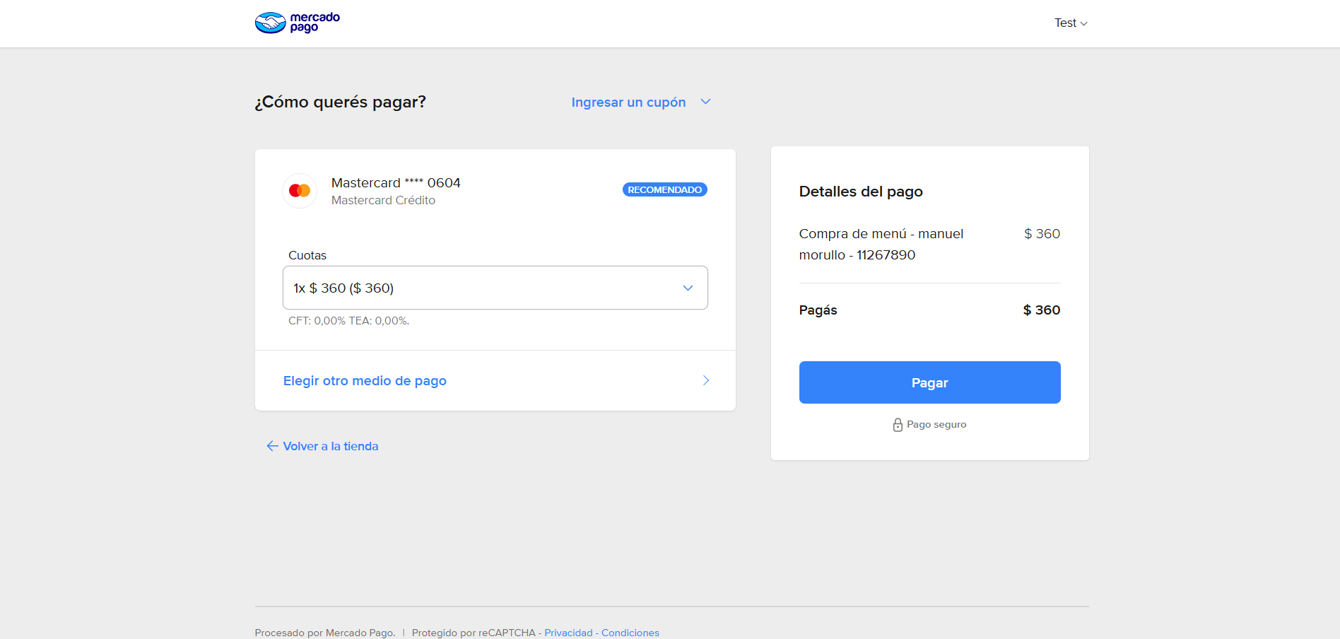 Captura de pantalla de la pasarela de mercado pago.