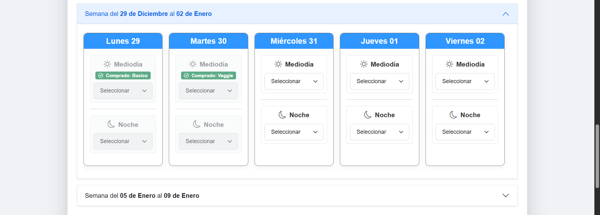 Captura de pantalla de las viandas compradas.