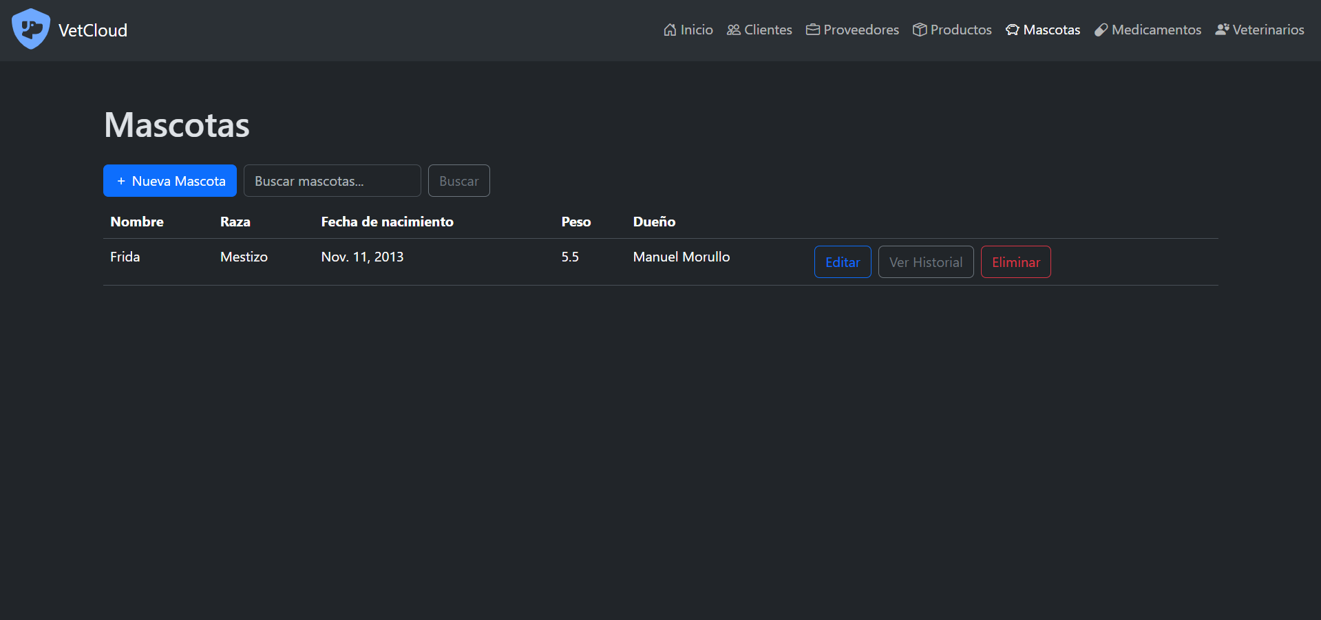 Captura de pantalla de la interfaz de mascotas.