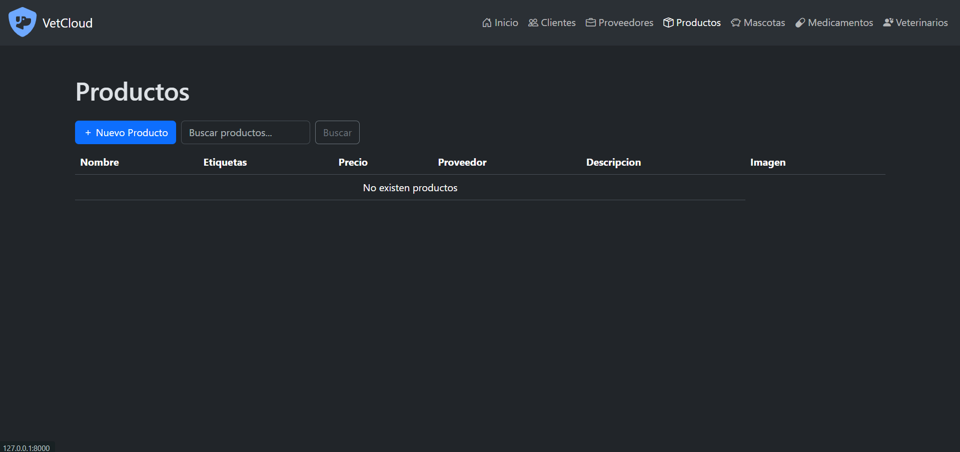 Captura de pantalla de la interfaz de productos.